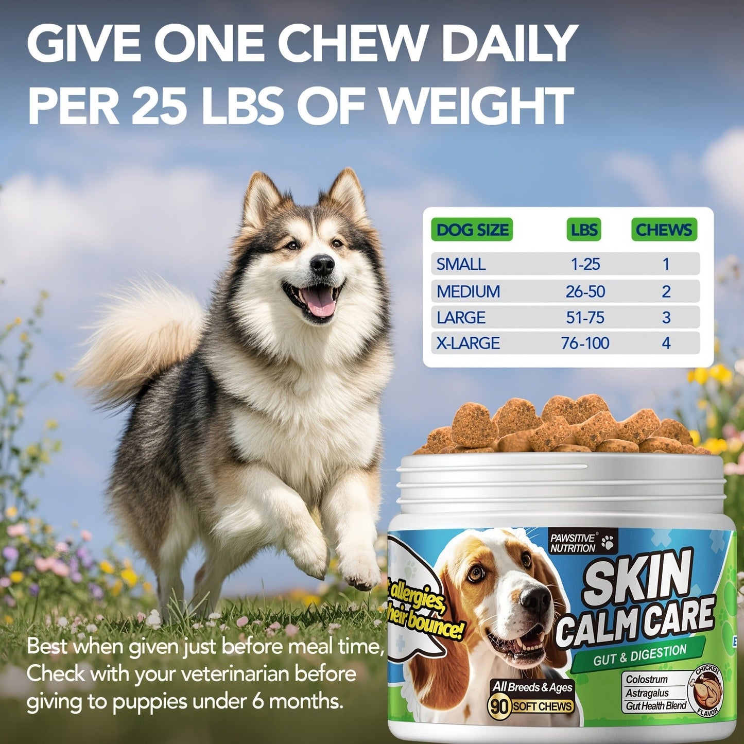 Dog Skin & Immune Probiotic Chews with Bovine Colostrum - 6 Billion CFUs, Dried Fermentate & Astragalus for Skin Calm & Immune Support, Chicken Flavor Soft Chews for All Dogs, 90 Count