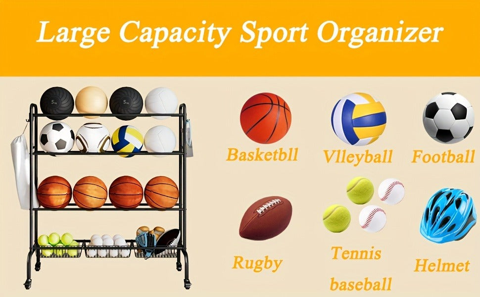 Sports Equipment Storage Rack with Wheels – 4-Tier Ball Rack for Basketball Soccer Volleyball with Hooks & Rolling Casters for Gym Garage
