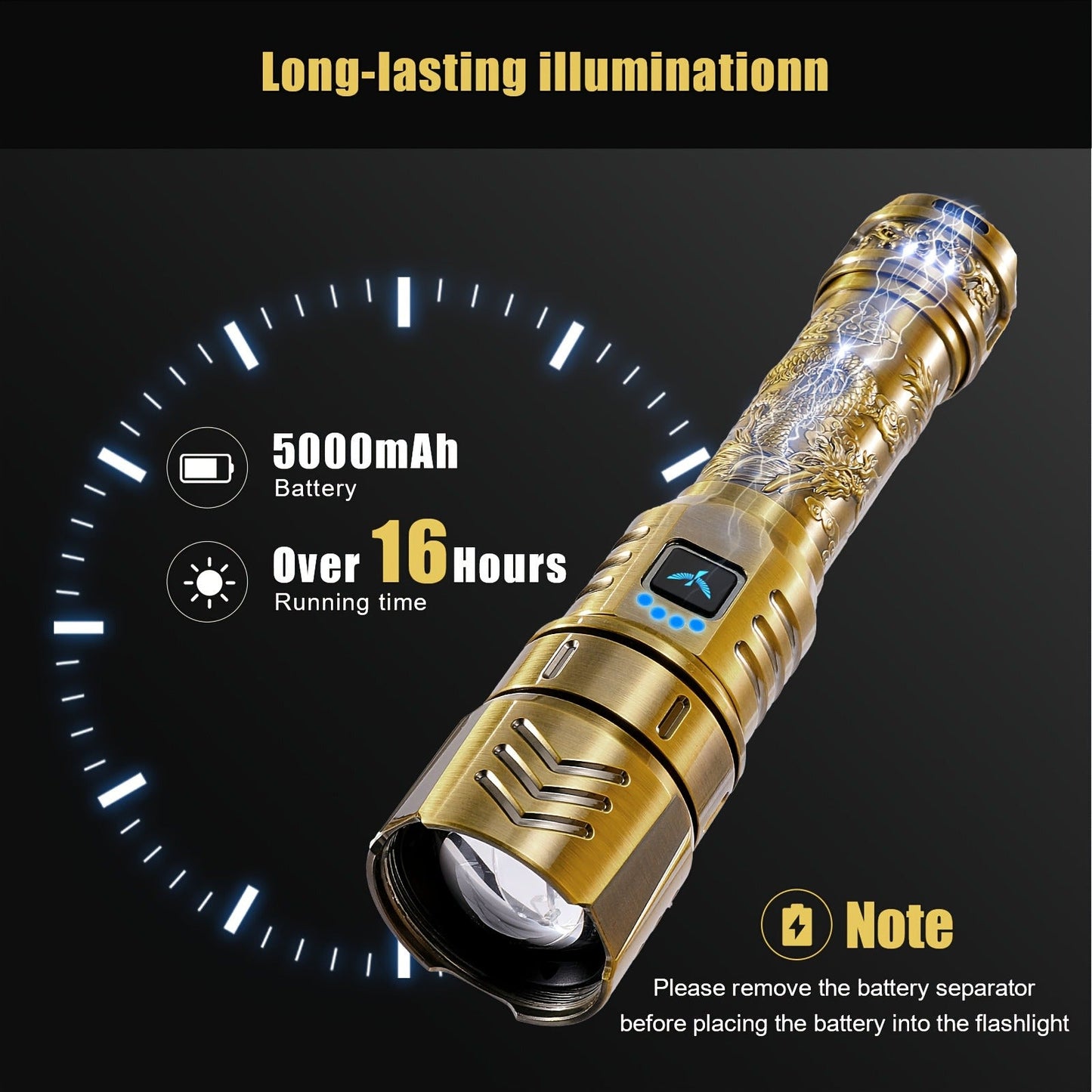 Rechargeable Flashlight 4000mAh - 1000 Lumen Dragon Pattern LED Torch, Zoomable Beam, Fire Starter Lens, 4 Modes, Aluminum Alloy for Camping, Outdoor & Emergency Use