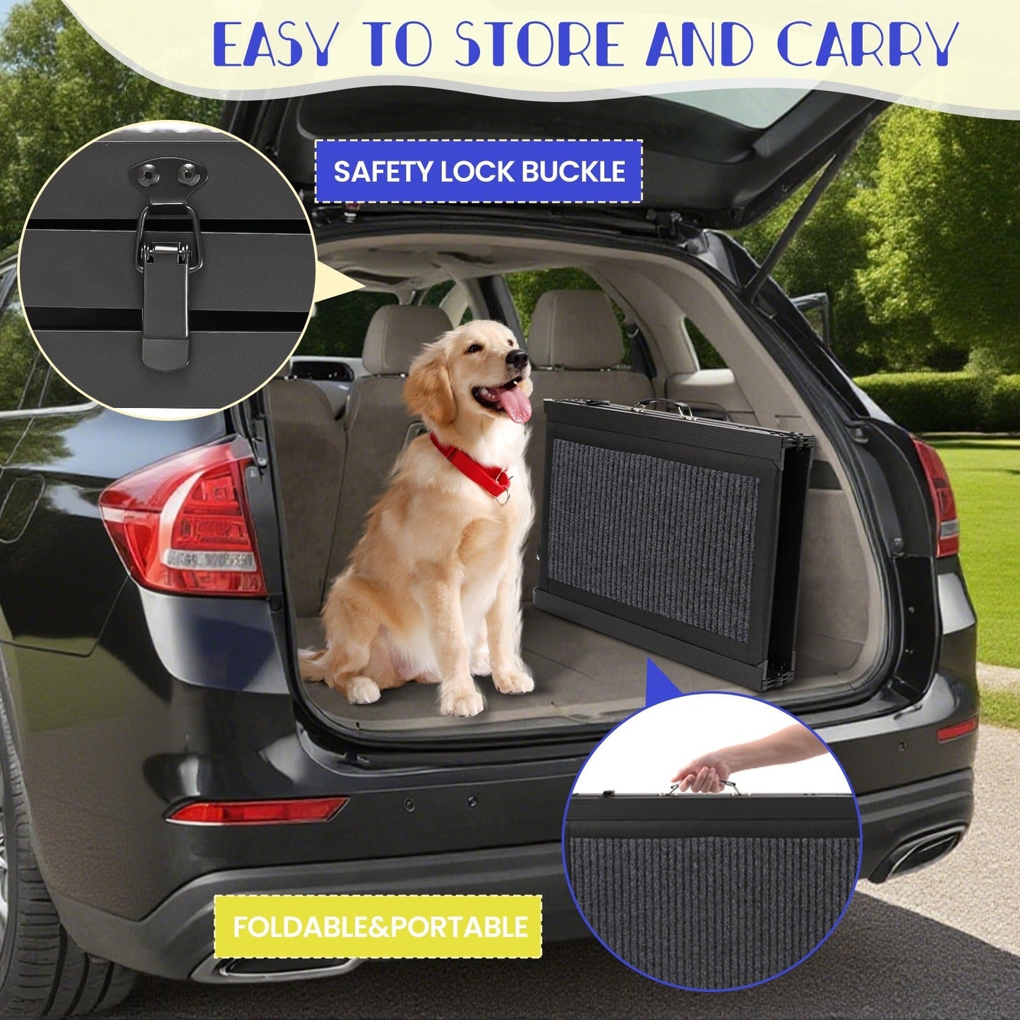 Folding Pet Ramp for Dogs & Cats – Adjustable Portable Non-Slip Fabric Ramp with Ergonomic Handle for Car, Bed & Sofa Access | Indoor & Outdoor Use, 60in & 67in