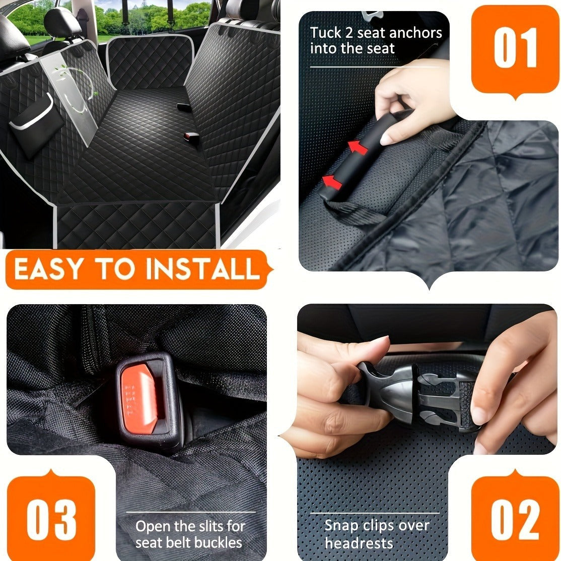 Dog Car Seat Cover Pet Hammock Waterproof Scratchproof Non-Slip Back Seat Protector with Mesh Windows & Storage Pockets, Universal Fit for Cars Trucks SUVs, Durable Nylon Pet Travel Accessory
