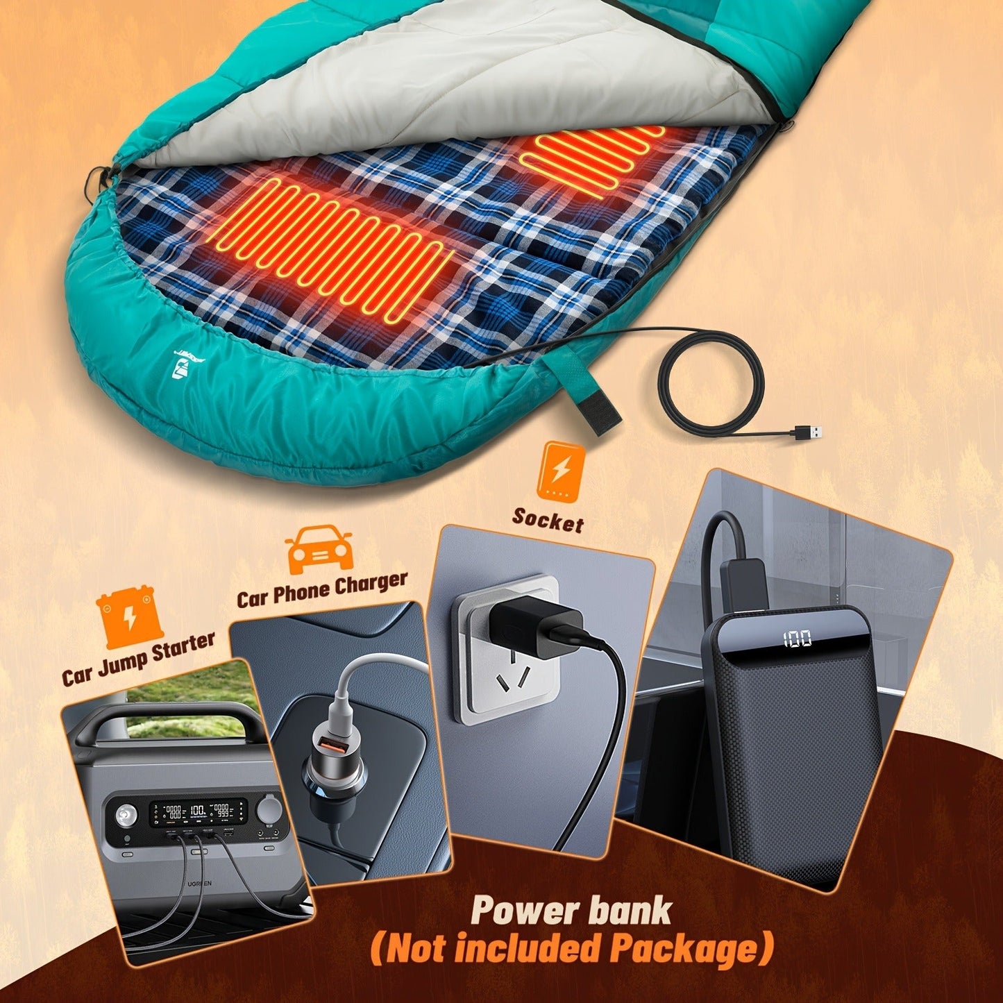 Heated Sleeping Bag Liner with 5 Heating Zones – Electric Sleeping Bag Mat, 3-Level USB Heat Control for Cold Weather Camping, Backpacking & Hiking | Blue & Red (Battery Not Included)