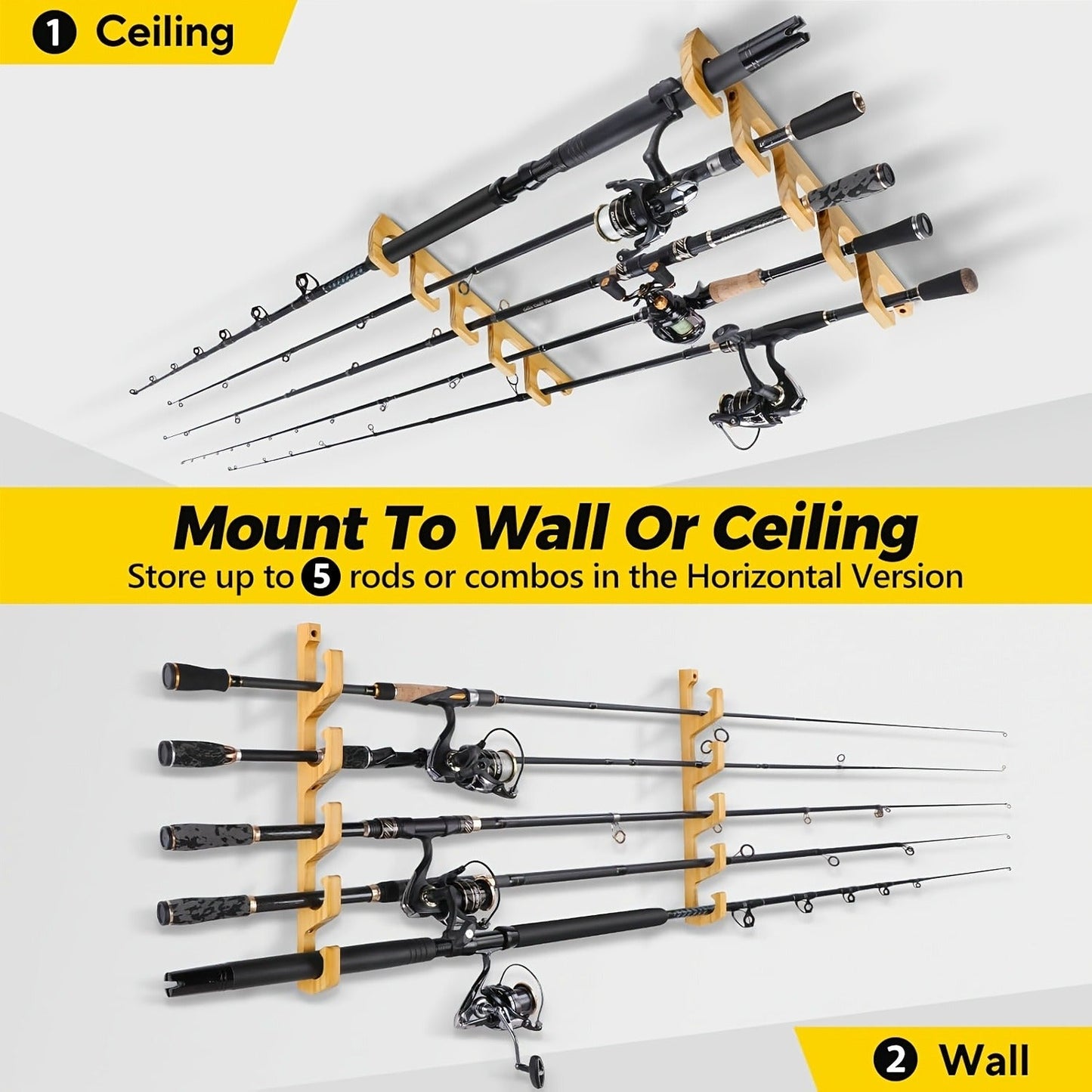 Wall-Mounted Wooden Fishing Rod Rack – 5-Hole Horizontal Rod Holder for Garage, Ceiling & Wall | Solid Wood Fishing Pole Storage Bracket for 5, 10 or 20 Rods | Father's Day Gift for Fishermen & Anglers