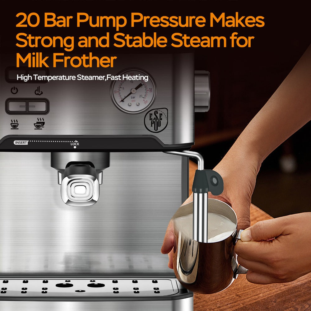 Espresso Machine Stainless Steel – Dual-Brew Coffee Maker with 54.1oz Water Tank, High-Pressure Steam Wand, ESE Pod & Ground Coffee Compatible, 1 & 2 Cup Brewing, Overpressure Protection for Home Barista