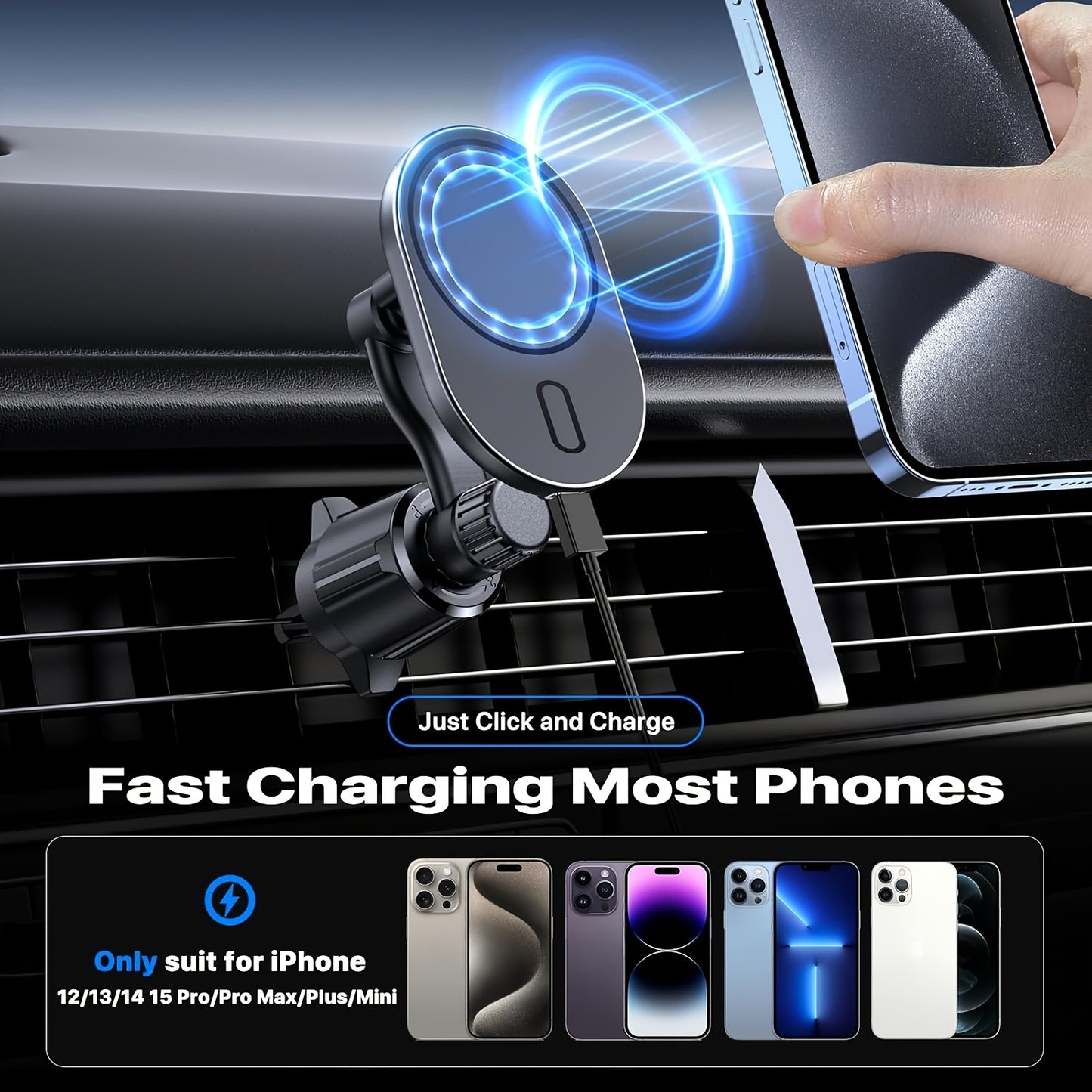 MagSafe Car Charger Mount 15W – 16 N52 Magnets, 360° Rotation Air Vent Holder, Fast Wireless Charging for iPhone 12 13 14 15 16, One-Hand Snap-On, Overheat Protection