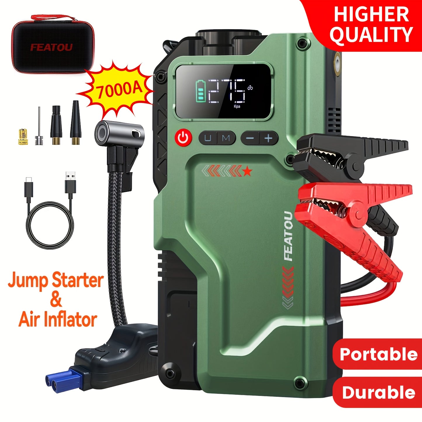 Jump Starter with Air Compressor, Portable Car Jump Starter, 5000A&7000APeak, Jump Starter Battery Pack With150PSI Digital Tire Inflator, Car Battery Jump Starter for 10.L Gas Or 2.38gal Diesel Fast Charging USB Output, LED Emergency Lighting