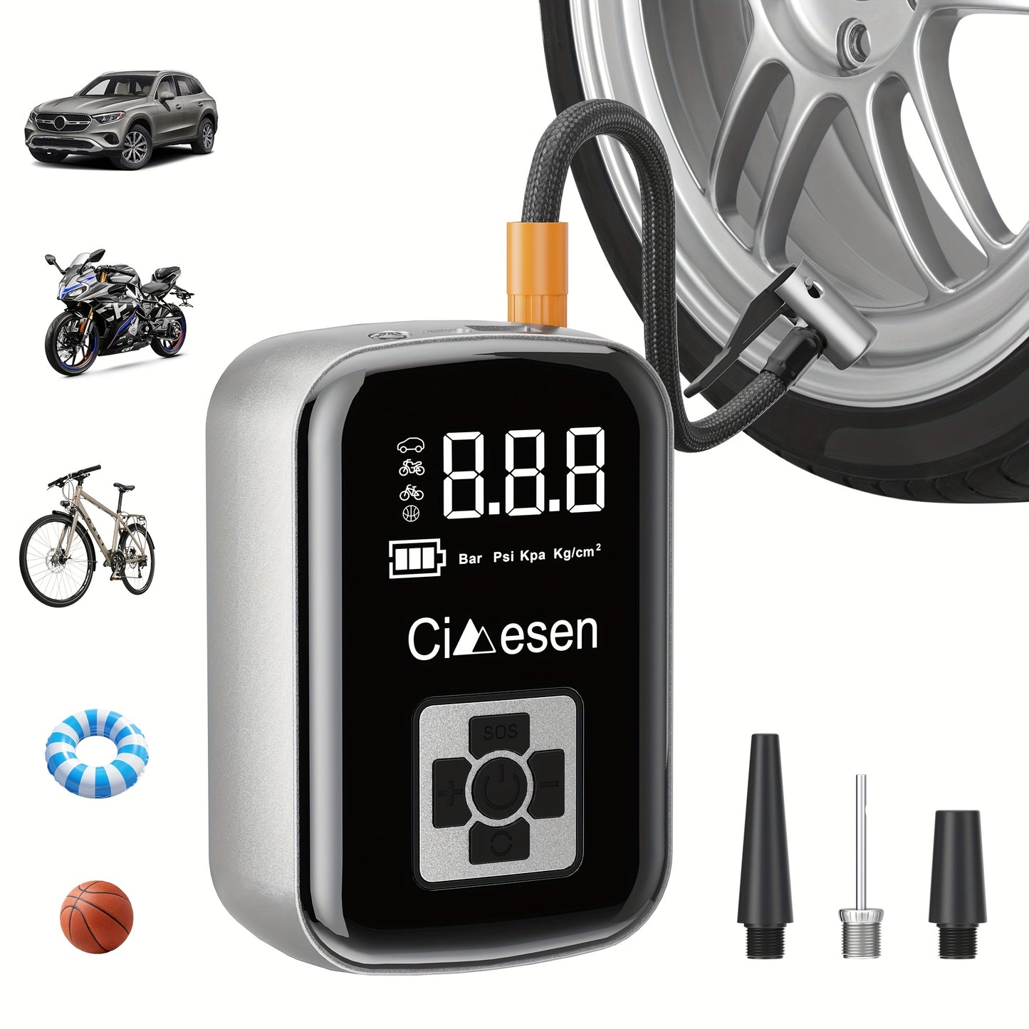 Portable Tire Inflator Air Compressor 150PSI 100W Cordless 4000mAh Digital Display 5 Modes USB-C Fast Charge for Car Motorcycle Bicycle Ball Auto Shut-Off Yellow Blue Black Silver