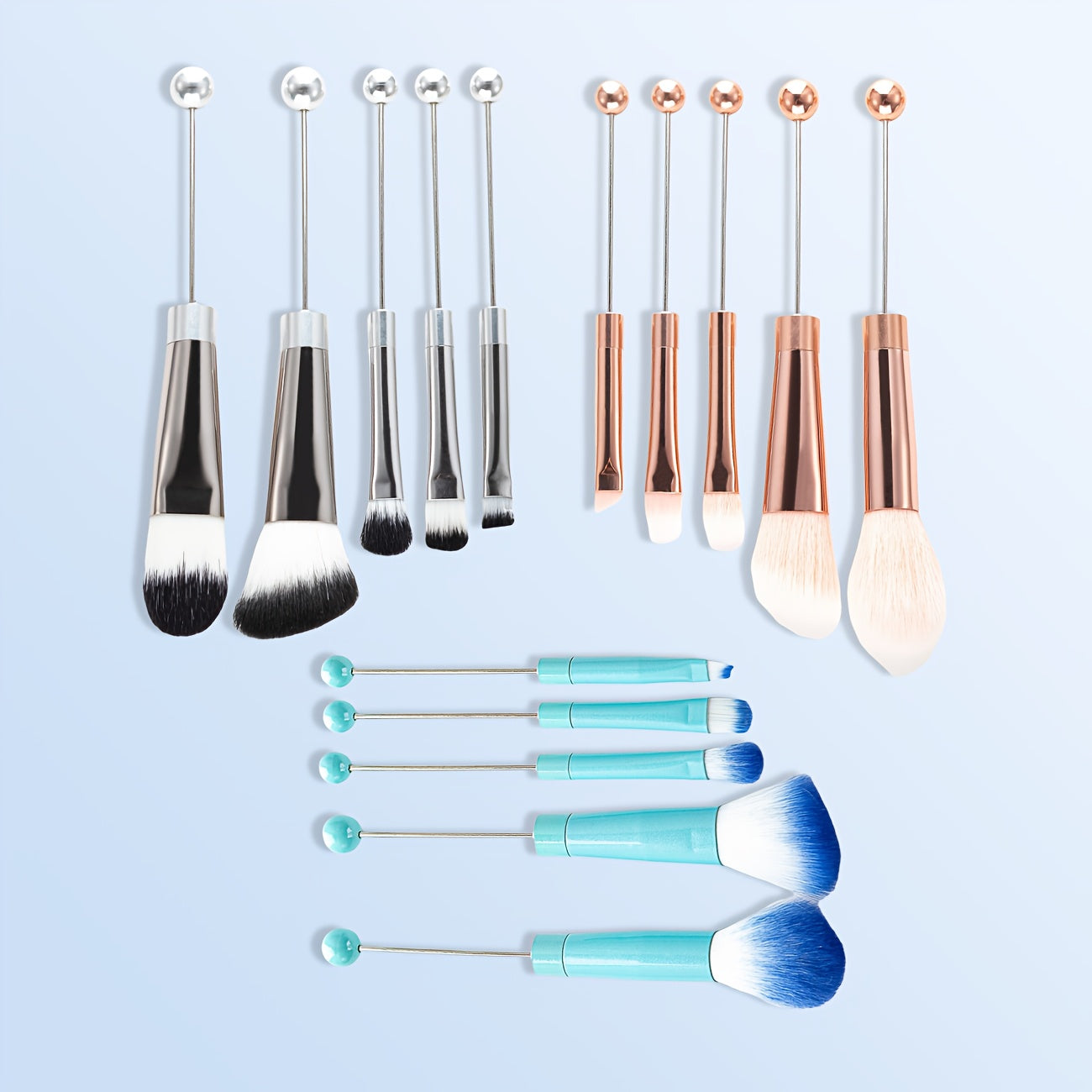 Beadable Makeup Brush Set 15PCS DIY Customizable Metal Handle - Powder Blusher Eye Shadow Slant Brushes for Women Girls - Unique Creative Beauty Gift Birthday Wedding Christmas Party Holiday