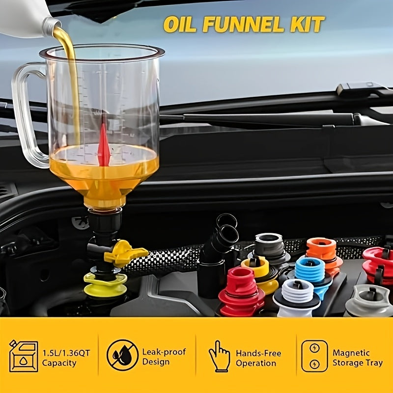 19pcs Engine Oil Funnel Filling Kit, 1.36qt/ 50.72oz Coolant Funnel Set, Funnels for Automotive Use, 12 Adapters, Elbow Fitting, Arrow Screen, Magnetic Storage Hooks Tray, No-Spill Oil Change Tools