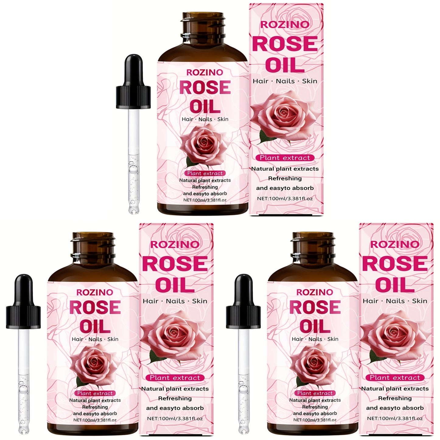 Rose Essential Oil Pure for Massage, Aromatherapy & Skin Care — Multipurpose Body, Hair, Nail & Lash Oil, Unisex Relaxation Gift, 100ml or 3pcs×3.38oz Value Pack