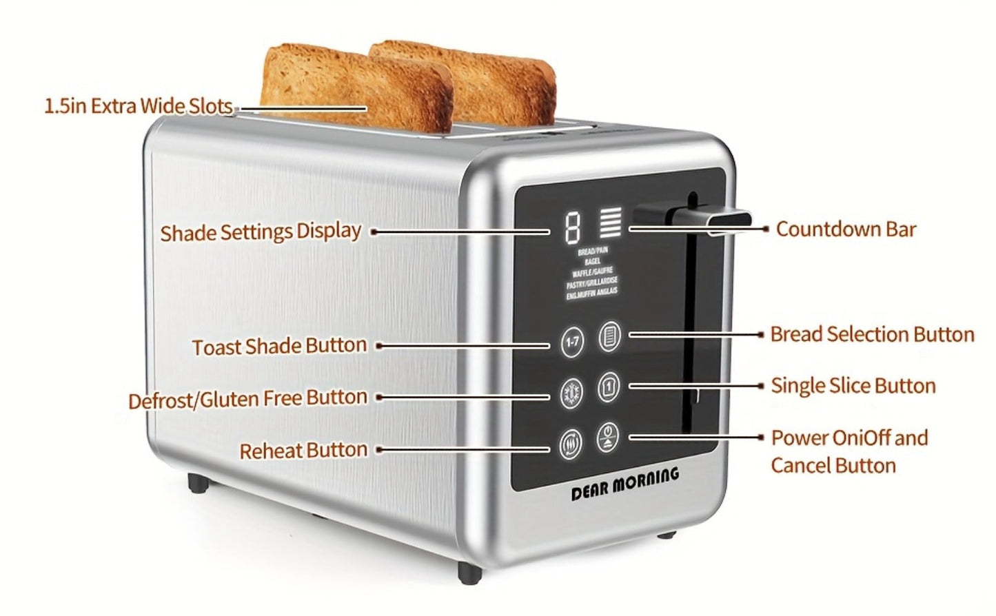Stainless Steel Toaster 2-Slice Smart Touch Screen – 5 Bread Selections, 7 Shade Settings, Bagel/Defrost/Cancel/Reheat, 1.5" Wide Slot, Removable Crumb Tray