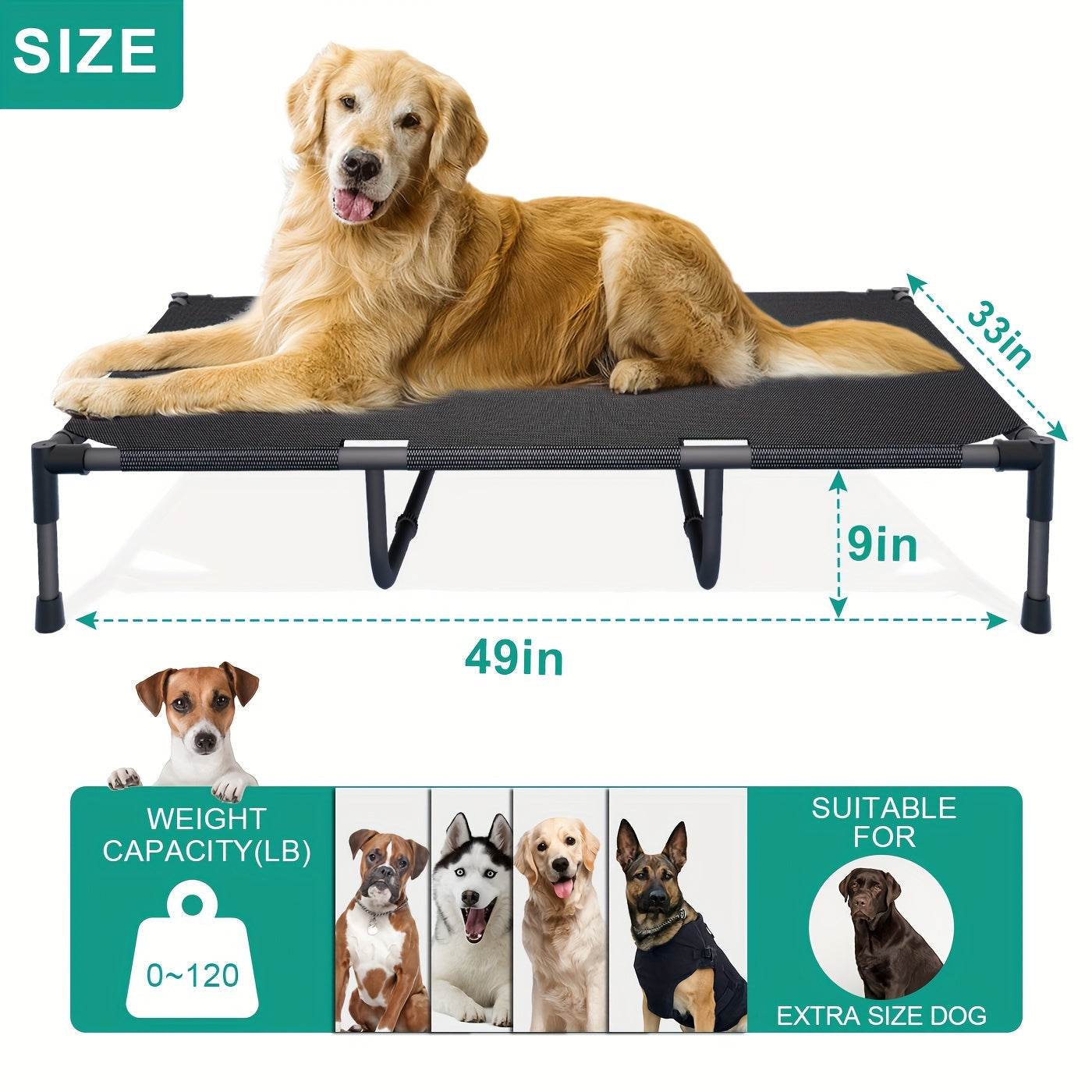 Elevated Dog Bed Cooling Cot - Breathable Mesh Dog Cot for Indoor and Outdoor Use, No-Tool Assembly Anti-Slip Feet Frame for Small Medium Large XL Dogs, Washable Raised Pet Bed for Summer Camping