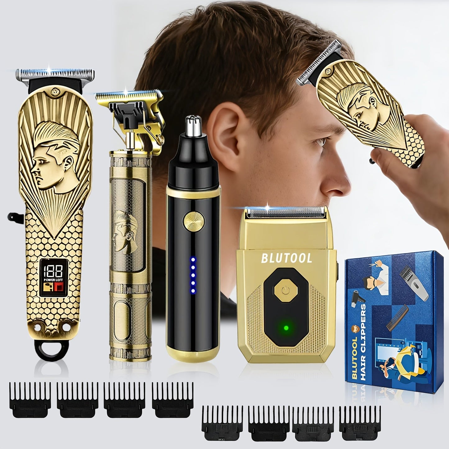 Hair Clipper & Beard Trimmer Set for Men USB Rechargeable with LCD Display – Professional Cordless Barber Kit Home Grooming Bundle, Gift for Men 2pcs or 4pcs