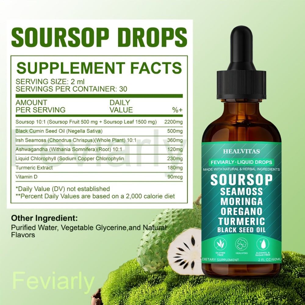 Soursop Bitters Liquid Drops 10-in-1 with Sea Moss Moringa Turmeric Black Seed Oil Oregano Ashwagandha - Natural Herbal Supplement for Immune Support Detox & Wellness 140g