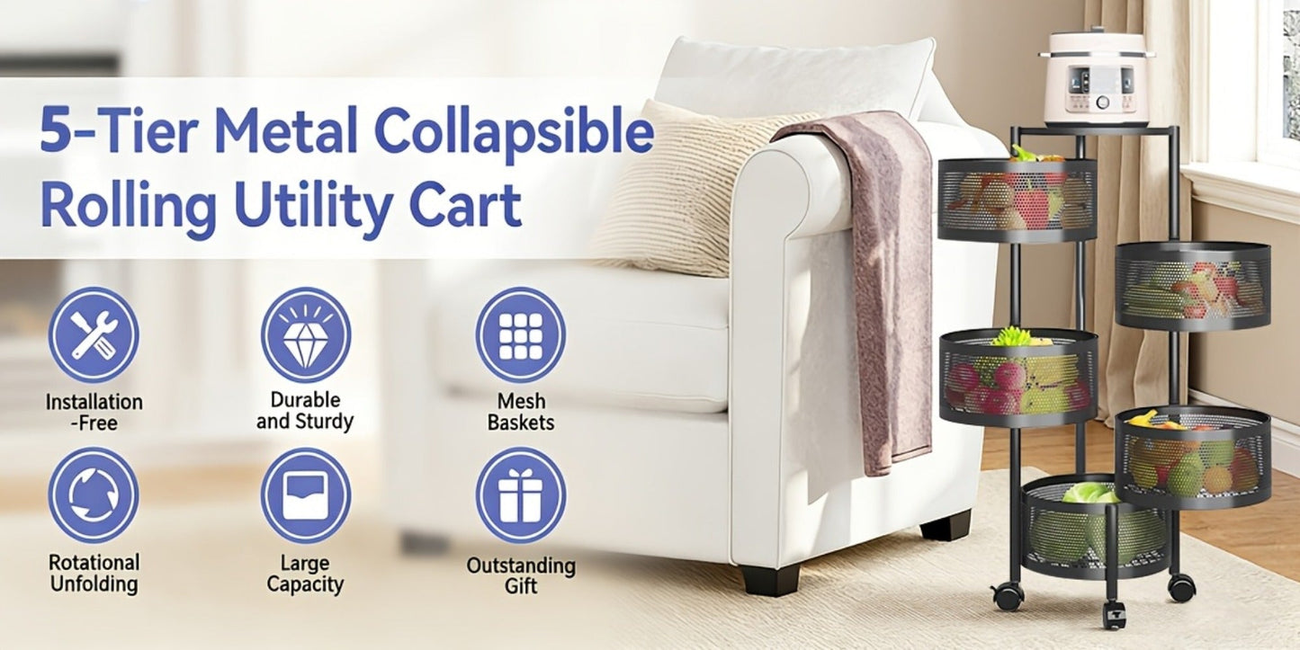 5-Tier Round Storage Cart with Rolling Wheels for Living Room detail image - detail view 9