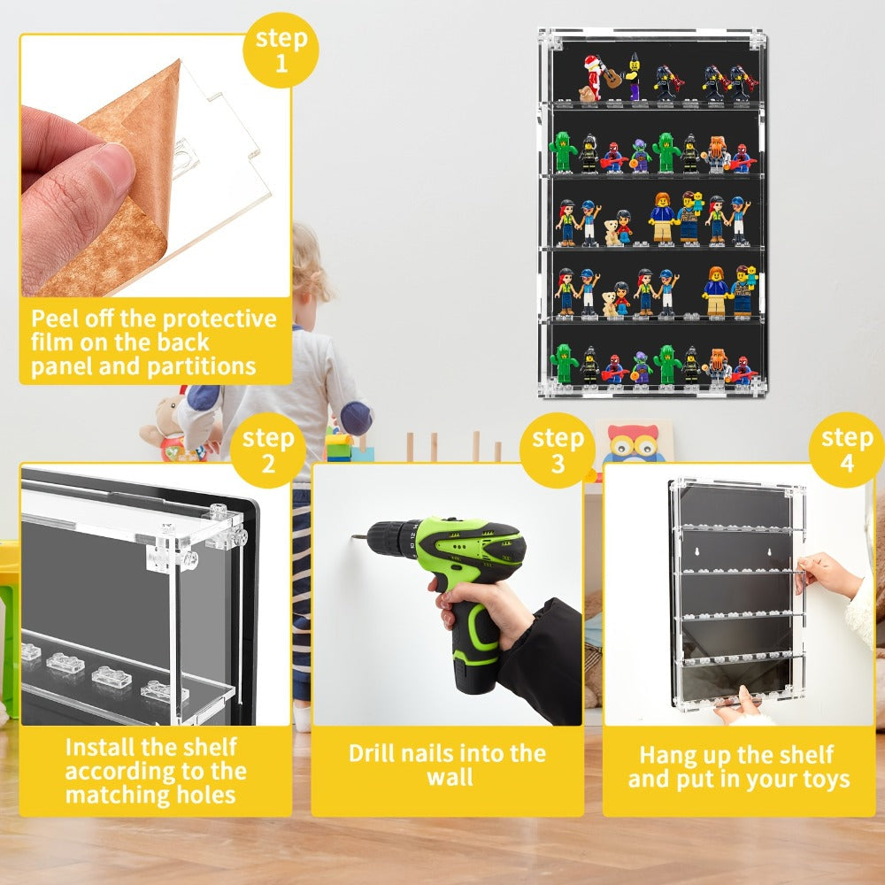 Wall Mounted Display Case 5-Tier for 40 Figurines Clear Acrylic Showcase with Built-In Stands & Mounting Hardware for Action Figures Funko Pop Anime Collectibles Mini Figures