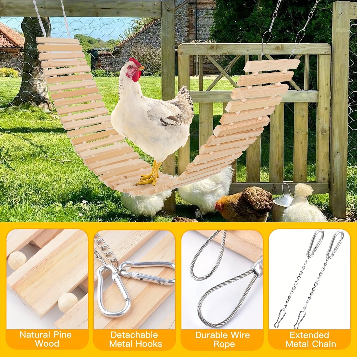 Chicken Perch Ladder Swing Toy Natural Wood Multi-Level Roosting Bar with Metal Chain for Hens Roosters Chicks Indoor Outdoor Coop Bird Enrichment Toy