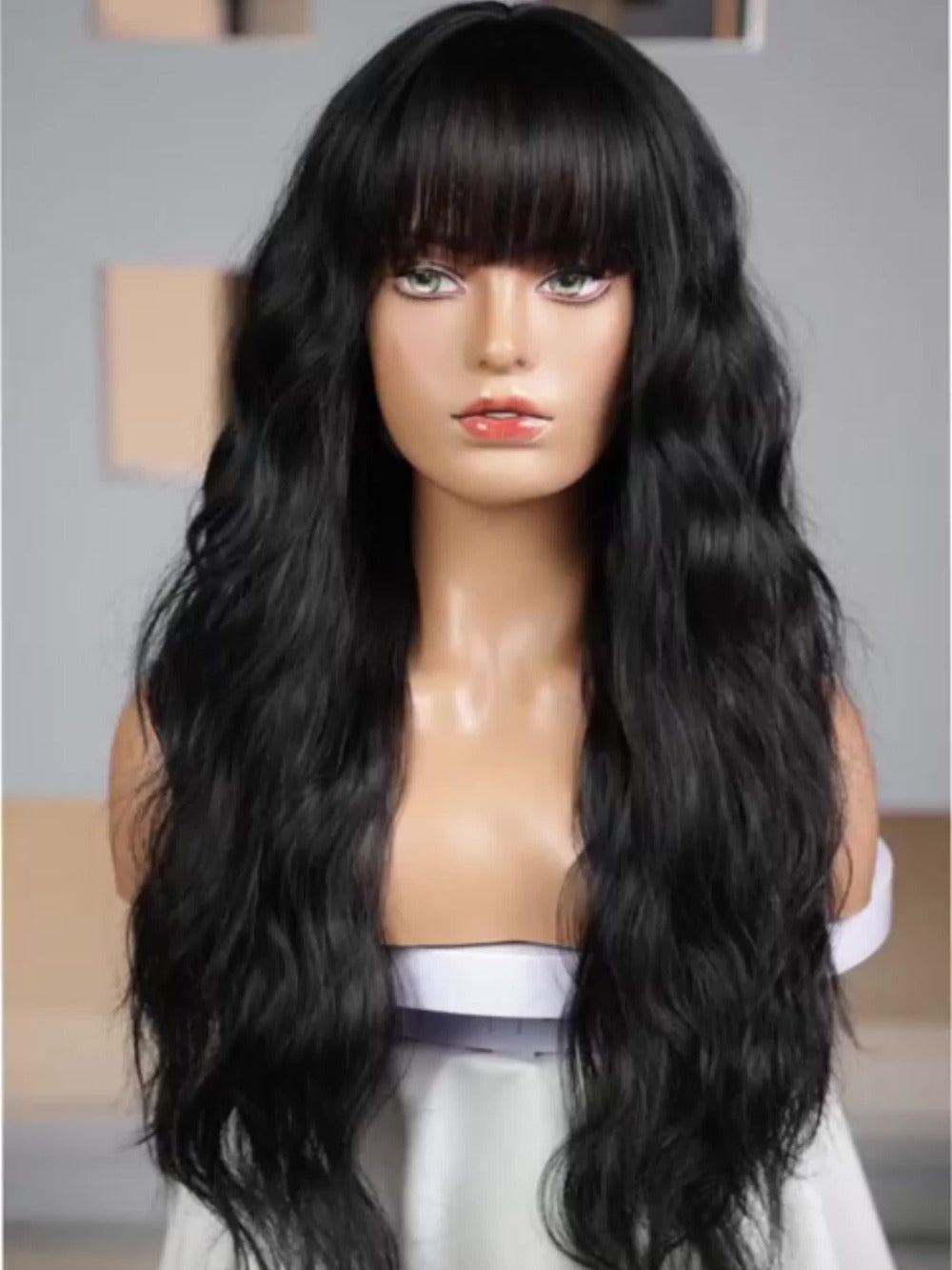 Long Body Wave Wig with Bangs Synthetic Black 28 Inch Heat Resistant Adjustable Buckle Net Cap Women Elegant Daily Wear Holiday Party Natural Look Flowing Waves