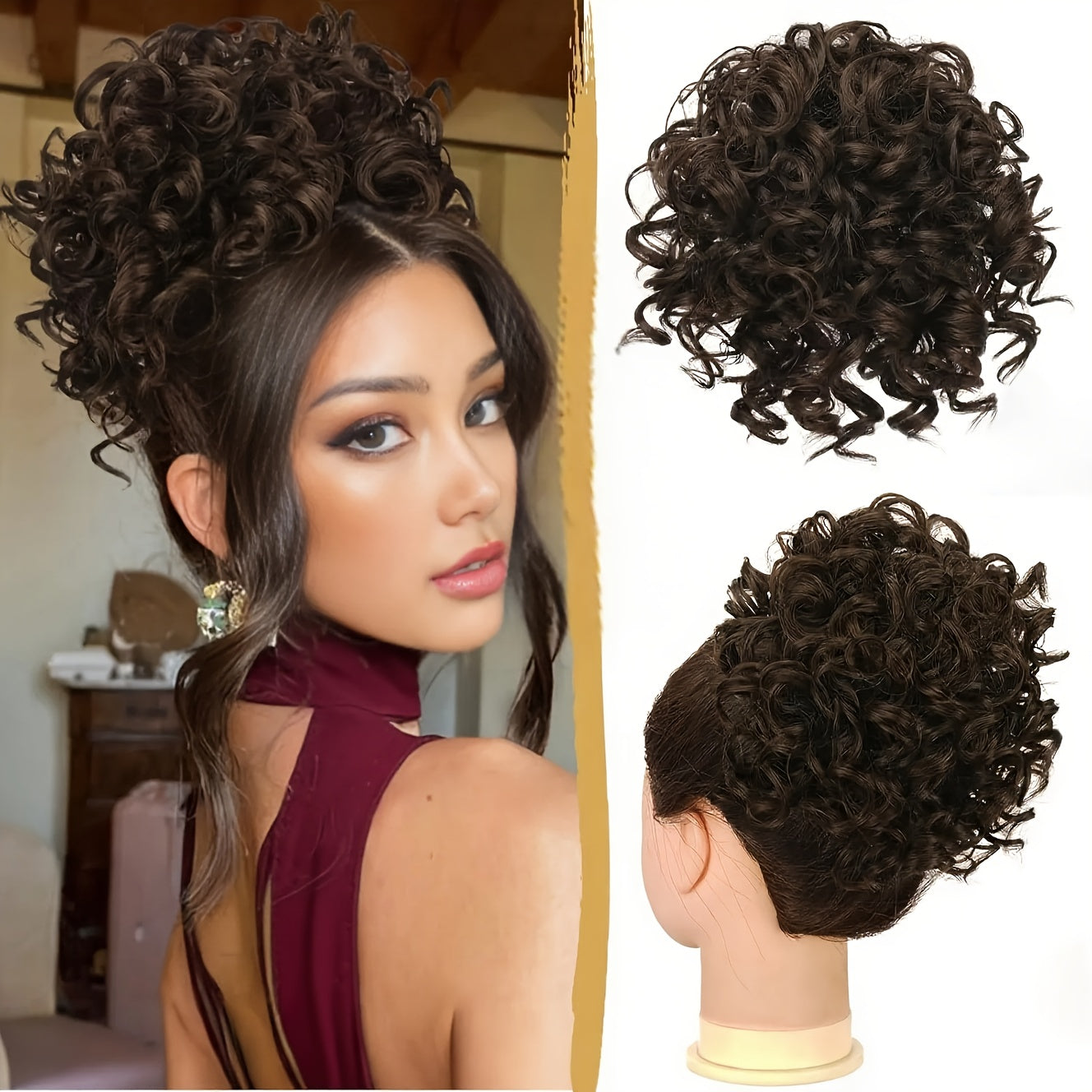 Drawstring Curly Bun Hairpiece Clip In Loose Messy Updo Hair Extension 10 Inch – Thick Voluminous Fake Bun Ponytail Wrap for Women Brown Dark Blonde All Hair Types No Heat