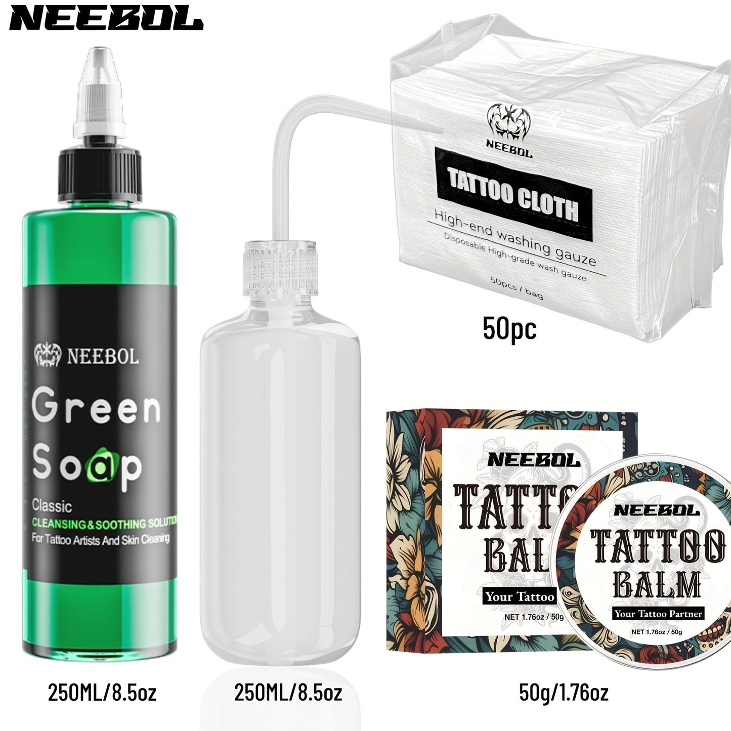 Tattoo Green Soap Concentrated Cleaning Solution 8.5oz with Squeeze Bottle Skin Prep Before During & After Tattooing Moisturizing Balm Lint-Free Wipes for Artists & PMU