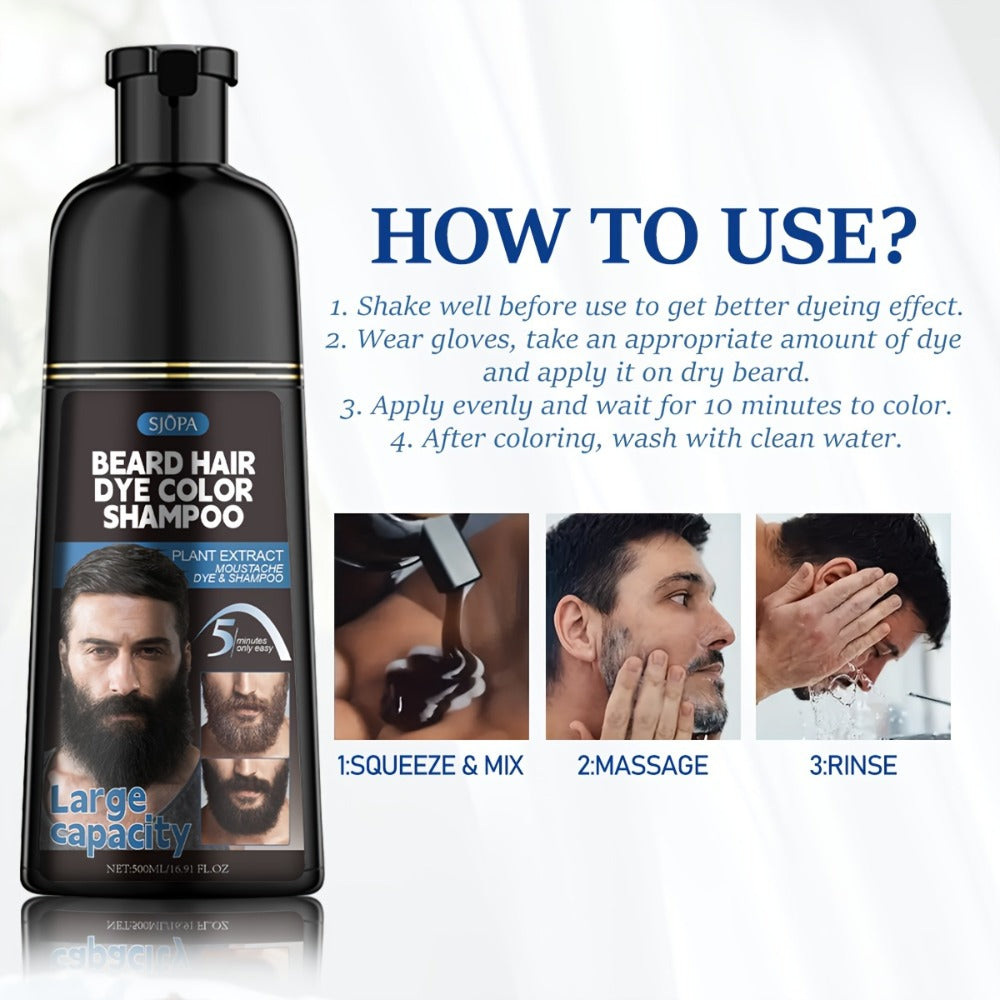 Men's Black Beard Dye 3-in-1 Hair & Beard Color Kit - Fast Blackening in 10-15 Minutes, Nourishing Skin-Safe Formula, Natural Look, Gray Coverage, Extra Large 500ml / 16.91oz