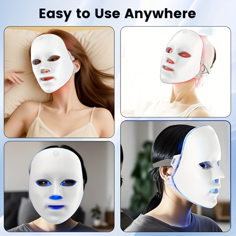 Portable LED Facial Mask 7-Color Light Therapy USB Rechargeable Lightweight Plastic - Home Beauty Care Skin Rejuvenation Anti-Aging Acne Treatment Device - Skincare Gift for Girlfriend Women All Skin Types