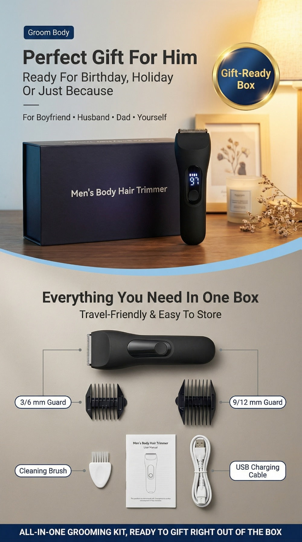 Waterproof Beard Trimmer 5-in-1 Body Grooming Kit for Men IP67 USB Rechargeable Electric Razor with Ceramic Blades LED Display – TAZTIR Black Matte Finish Gift Box Set, Birthday Father's Day Holiday Gift