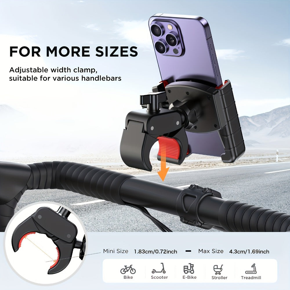 Motorcycle Phone Mount Handlebar Quick Lock – Universal Bike Phone Holder for 4"-7" Phones, No-Block Camera Design, Non-Slip Secure Clamp for iPhone, Samsung & All Smartphones, Black/Red
