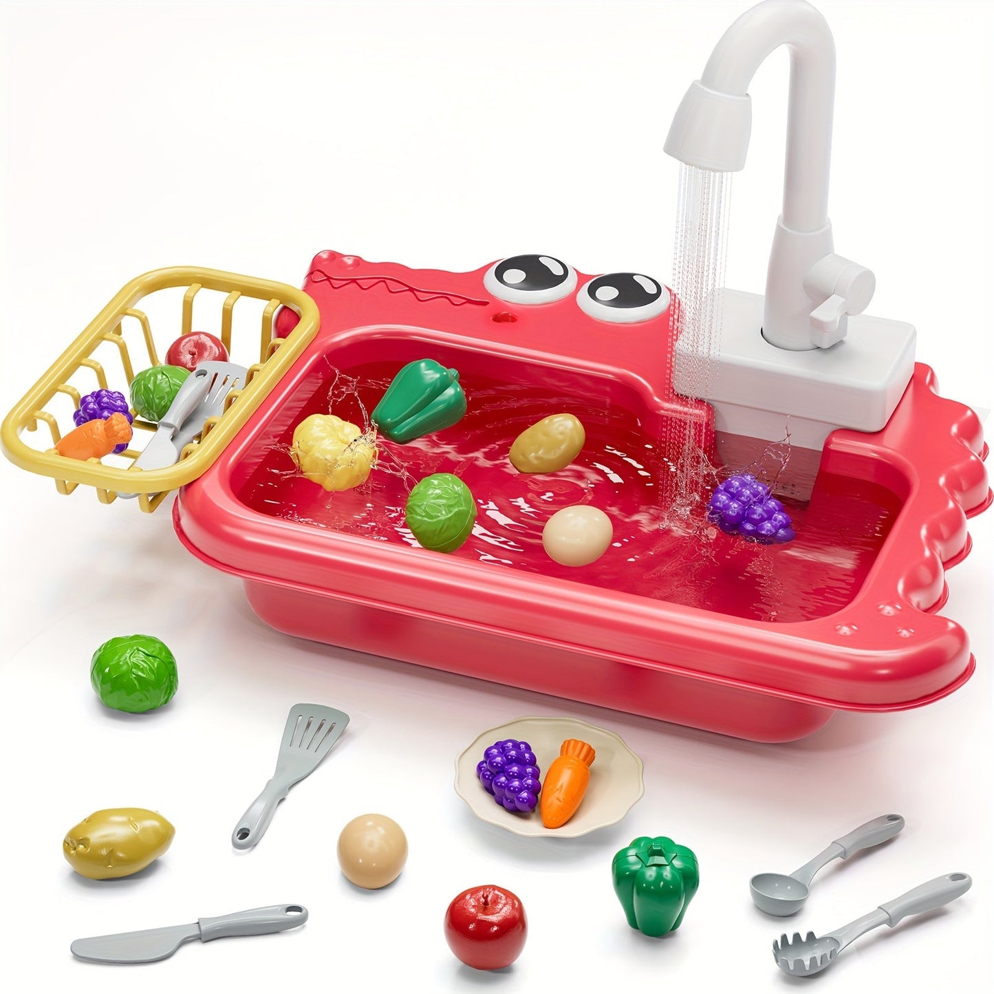 Kids Play Sink Toy with Running Water – Automatic Water Cycle System Pretend Play Dishwasher Kitchen Sink for Toddlers Boys & Girls, Role Play Kitchen Accessory Birthday Gift