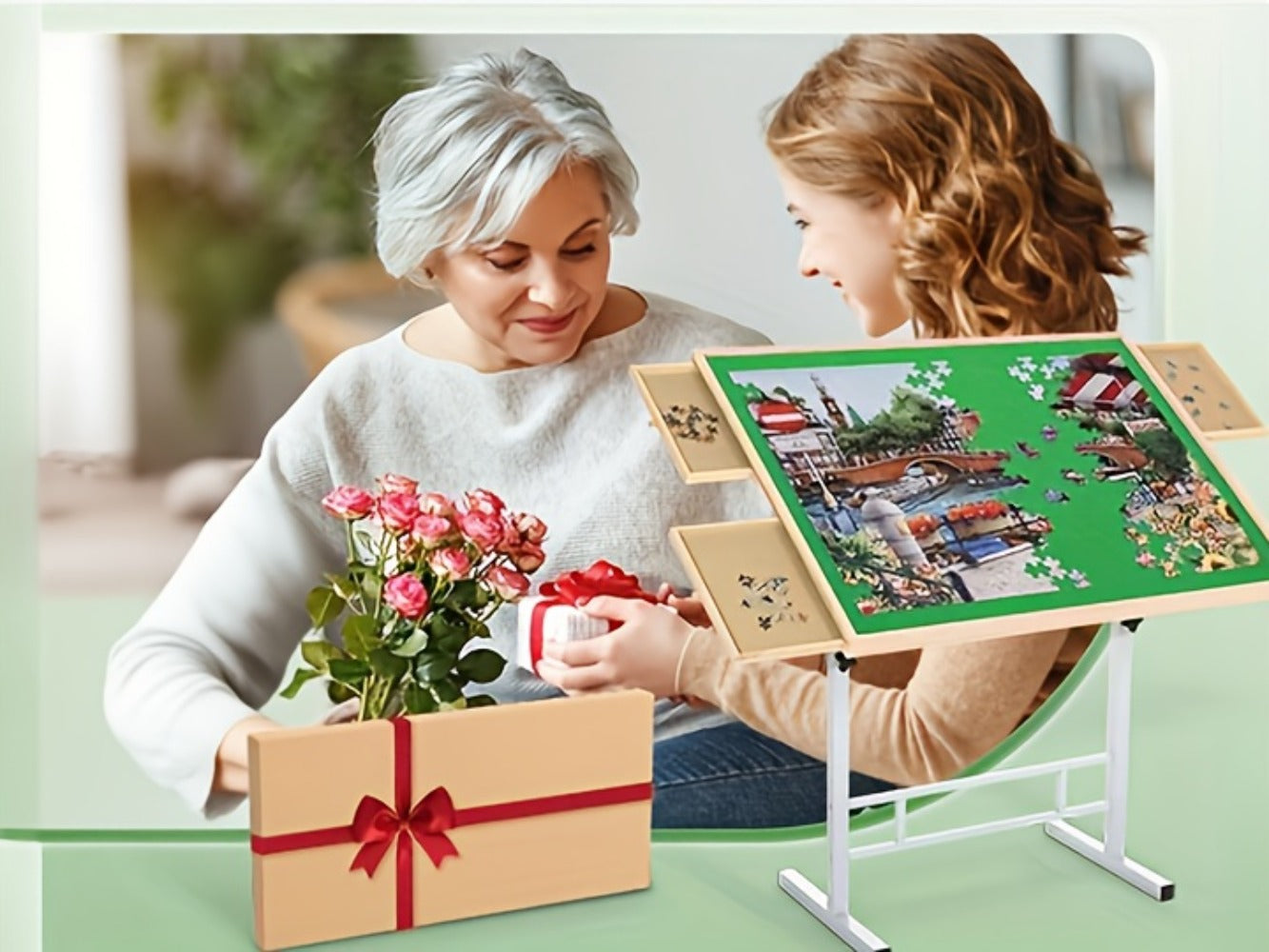 Jigsaw Puzzle Table with 4 Drawers 1500 Pieces – Adjustable Angle & Height 35"x26" Tilting Wood Board with Metal Legs, Ergonomic Puzzle Workstation for Adults Seniors Neck Back Pain Relief, Christmas Gift