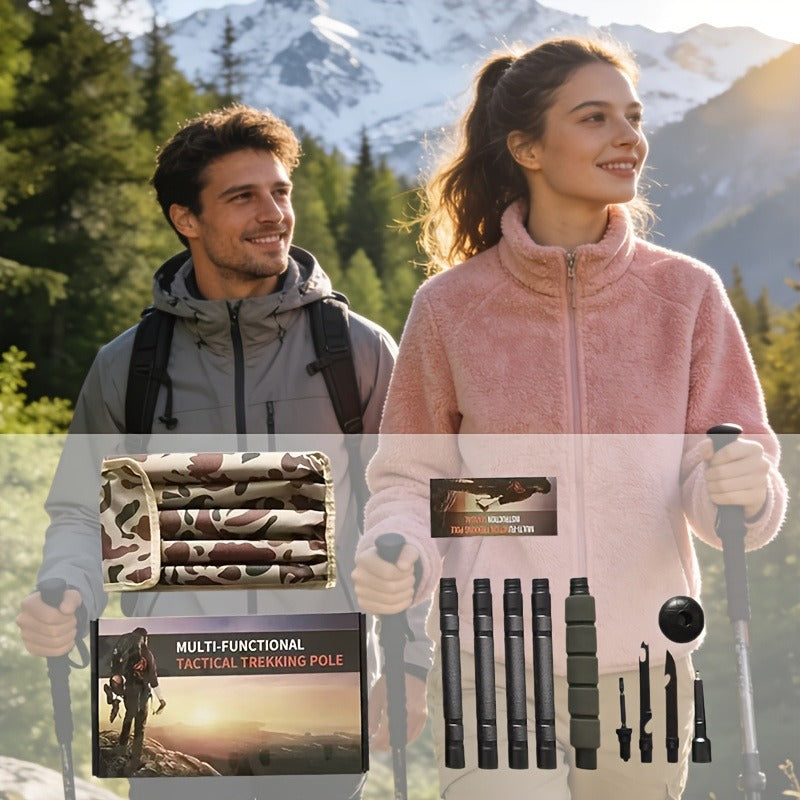 Tactical Trekking Pole Adjustable Hiking Stick | Titanium Alloy with Built-In Compass Canvas Storage Pouch & Combination Lock | Multi-Function Outdoor Hiking Camping Survival Gear Gift Black