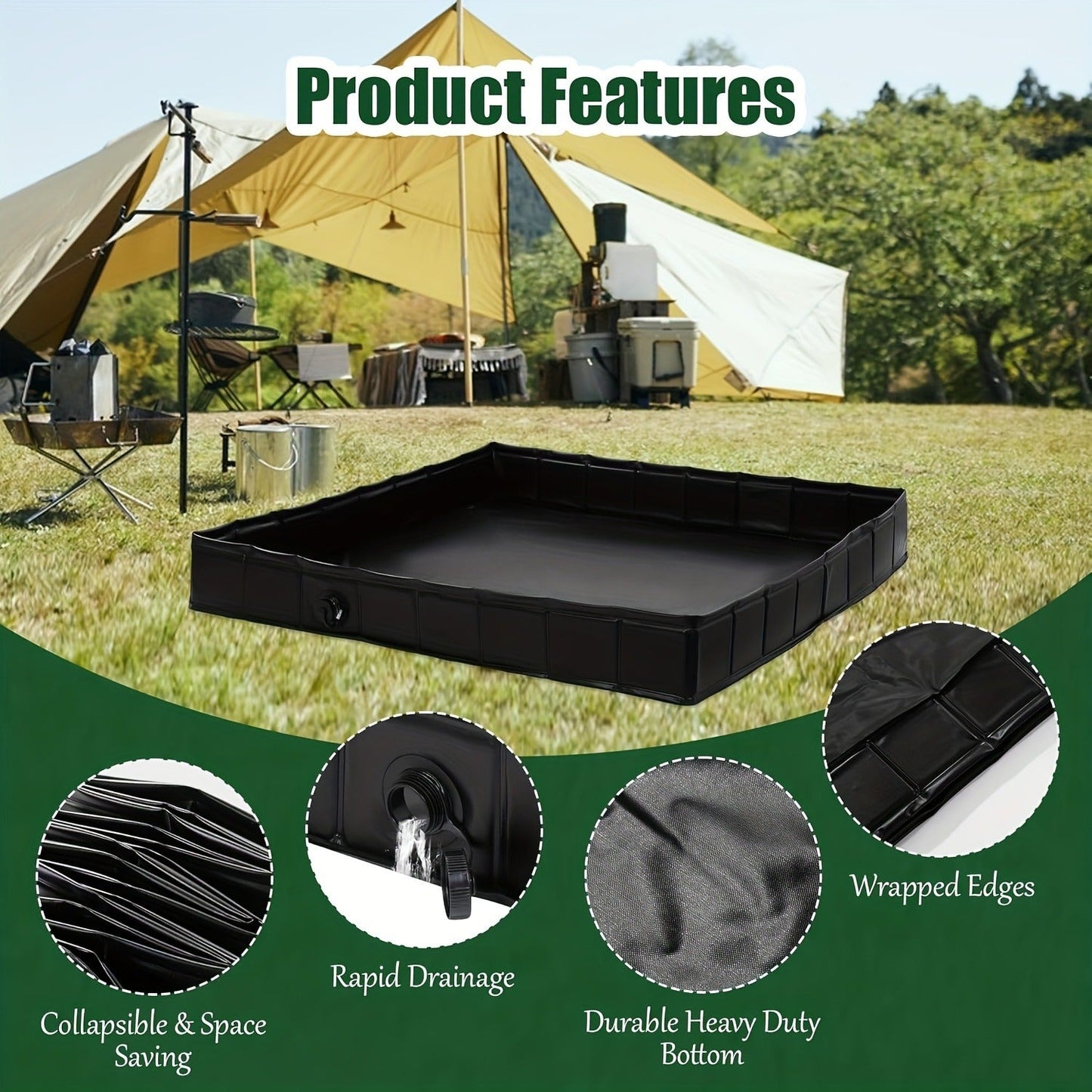 Foldable Shower Base 41"x41" Portable Shower Pan with Drain Pipe – Collapsible Shower Basin for Camping Tent, Indoor & Outdoor Use, Black – Includes Back Scrubber