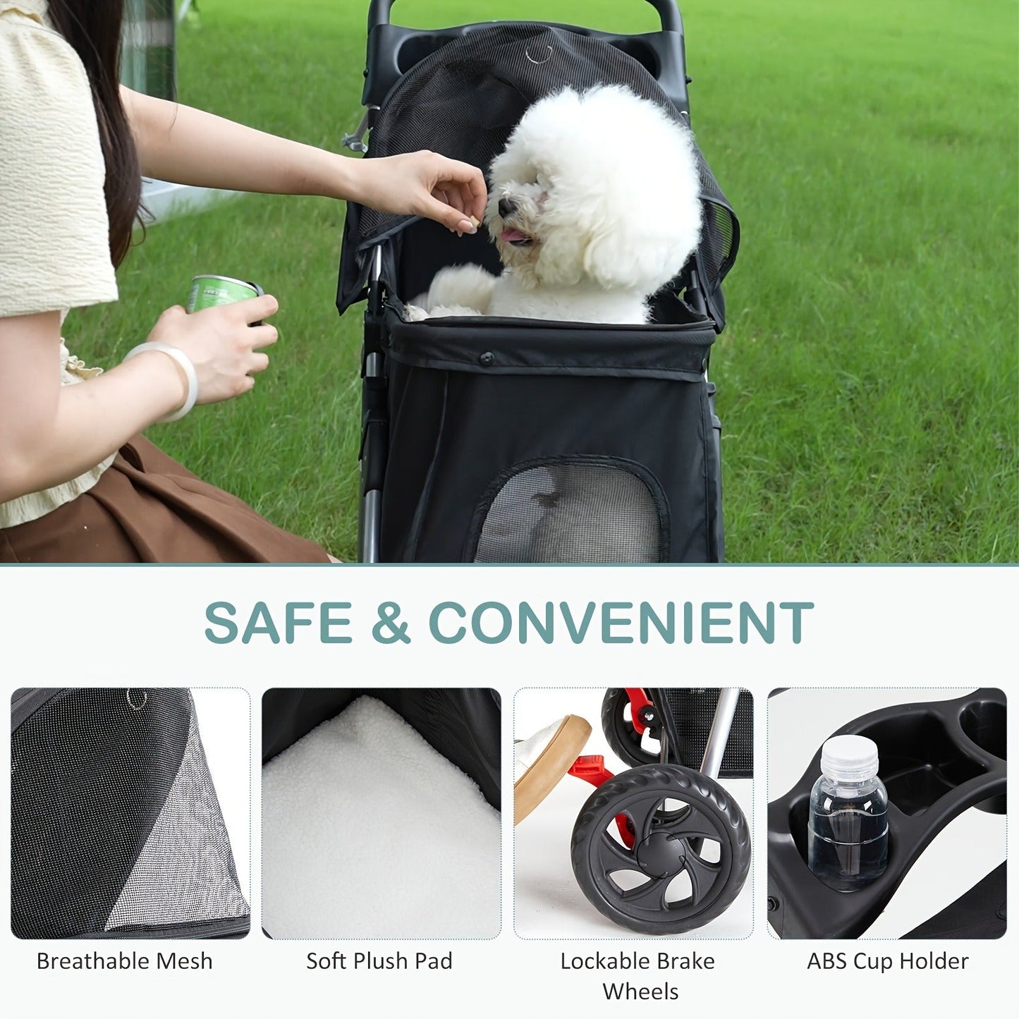 3-Wheel Pet Stroller for Small & Medium Dogs Cats - Foldable Jogger Stroller with Weather Cover, Storage Basket & Cup Holder, Breathable Mesh Window, All-Season Outdoor Walk Pram, Black