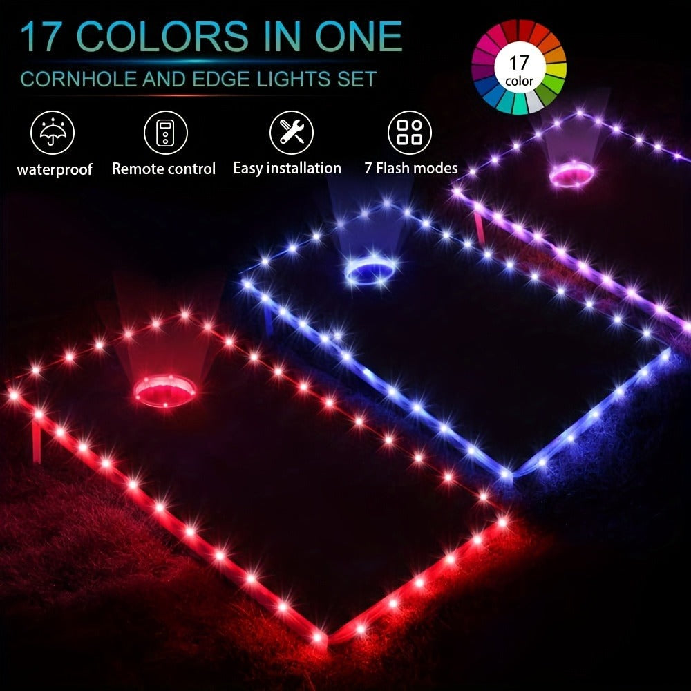 Cornhole Lights LED Ring & Board Edge Lights 17 Colors 7 Modes with Remote Control for Standard Cornhole Board 4ft x 2ft Night Games Backyard Party Tailgate Outdoor Fun Battery Powered