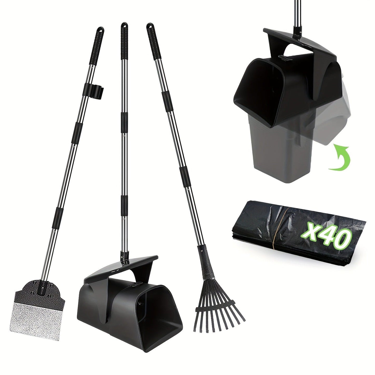 Dog Pooper Scooper with Long Handle & Swivel Bin - Heavy Duty Rake Spade Set, 40 Waste Bags Included, Pet Waste Removal for Yard Grass Gravel