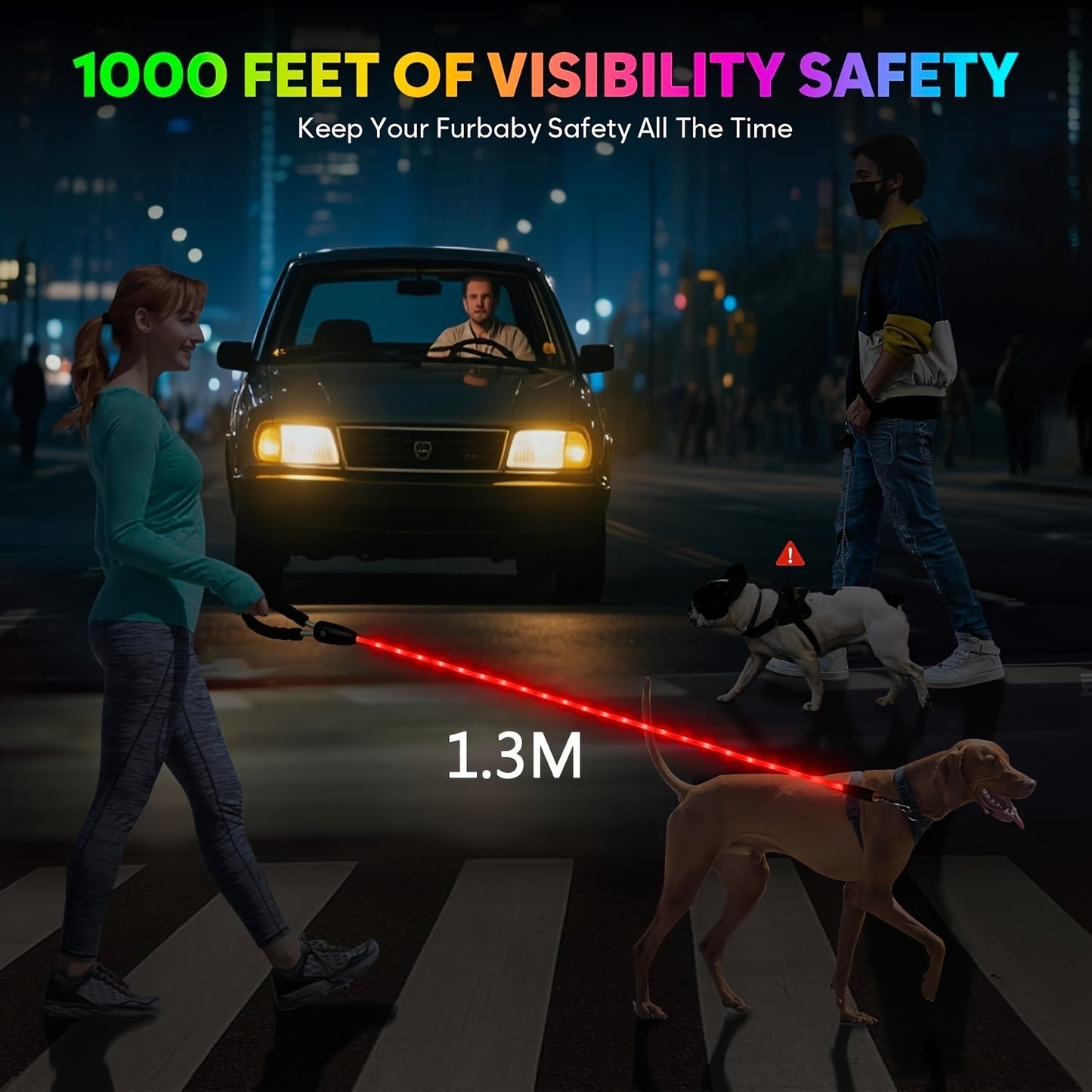 LED Dog Leash Light Up 4FT Rechargeable with 7 Lighting Modes, Glow in the Dark Reflective Double-Sided Lighted Dog Leash, Padded Handle for Night Walking Safety, Small to Large Dogs, White