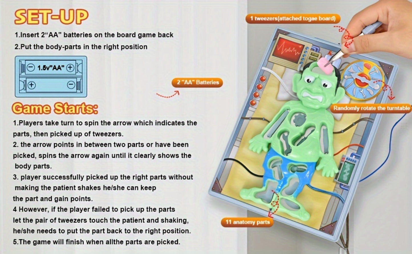 Operation Monster Board Game for Kids – Steady Hand Skill Game with Tweezers, 3D Monster Pieces, Fun Family Game Night for Ages 3+, 1-2 Players, Great Gift for Boys and Girls