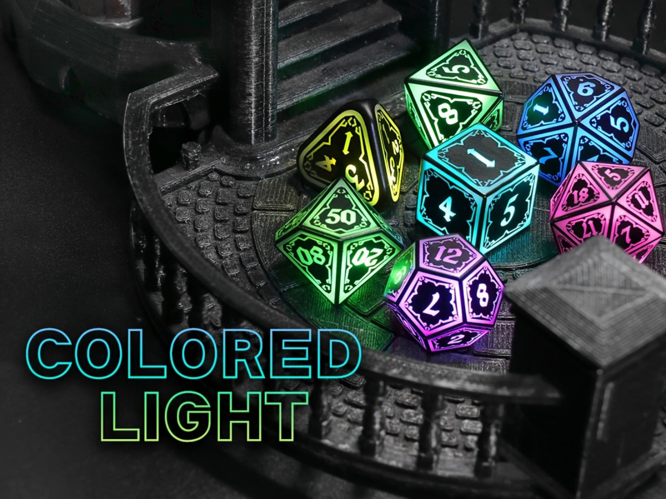 RGB LED DND Dice Set Rechargeable 7pcs – Illuminated Polyhedral Dice with Type-C Charging Case for D&D RPG Tabletop Games, Astral Shard Black, Glow in Dark Gift for Gamers