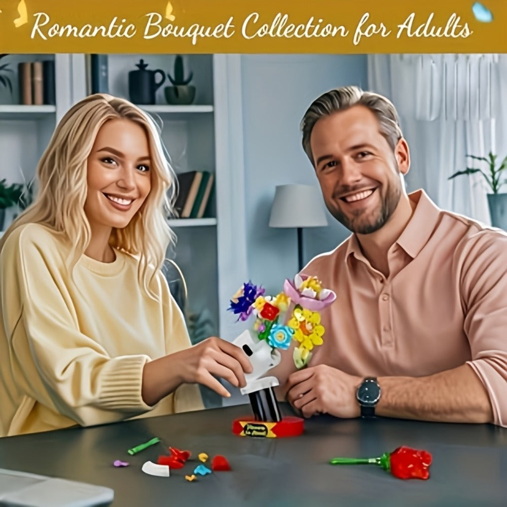 DIY Flower Bouquet Building Blocks Set with Display Stand – Multicolor Brick Flower Maker Home Decor Never Wilts Mother's Day Valentine's Day Christmas Birthday Gift for Her Women Girls