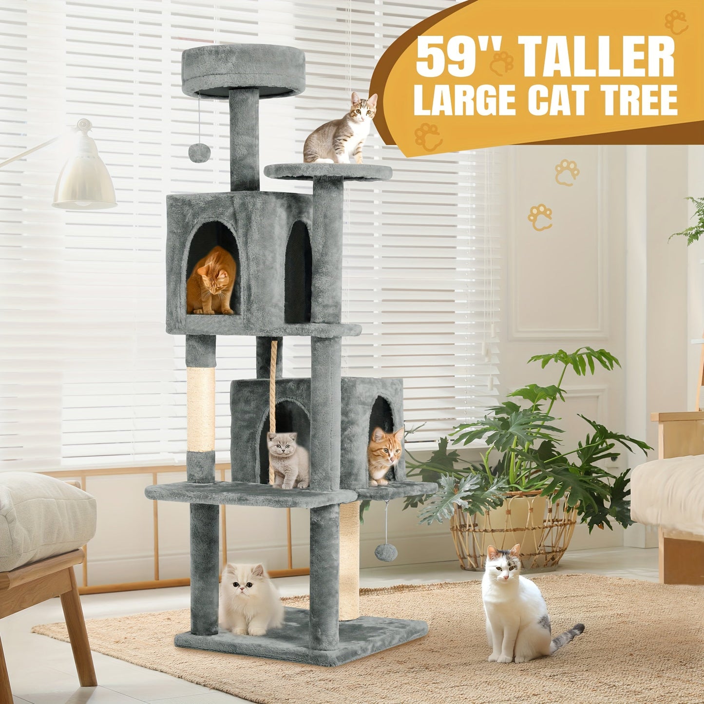 Cat Tree Tower 59 Inch Large Multi-Level Cat Tower for Indoor Cats with Plush Resting Area, Sisal Scratching Post & Hanging Ball Toy – Tall Cat Furniture for Bedroom Living Room, Multiple Colors