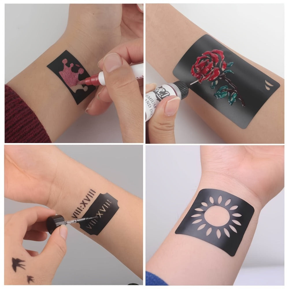 Reusable Tattoo Stencils Kit for Adults & Kids, Airbrush Temporary Tattoo Stencil Set with Whale Dolphin Cat Deer Wing Crown Cross Moon Sun Designs, DIY Body Art for Beach Festival Halloween Party Cosplay