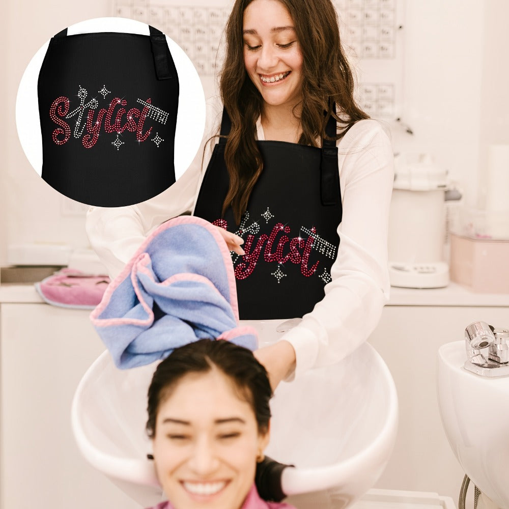 Rhinestone Barber Apron Set of 2 – Professional Hair Stylist Salon Smock 3 Pockets Hairdresser Apron Unisex Durable Barbershop Uniform for Women Men Gift for Barber