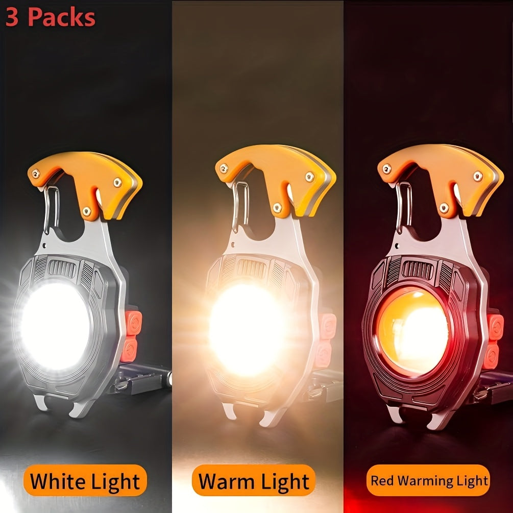 COB LED Keychain Flashlight with Lighter – 7-in-1 EDC 3-Pack