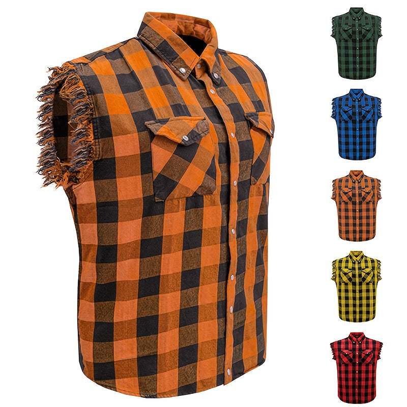 Men's Casual Sleeveless Plaid Cotton Shirt - All-Season Comfort, Classic Checkered Pattern, Single-Breasted Button-Up with Fringe Hem, Regular Fit for Streetwear, Beach & Vacation, Beach Attire, Streetstyle Apparel