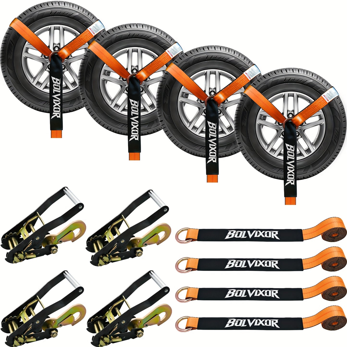 Wheel Straps Ratchet Tie Down 4-Pack 9,900 lb Break Strength 2"x96" with Snap Hooks Anti-Slip Design – Heavy Duty UTV ATV SUV Truck Car Trailer Transport Straps