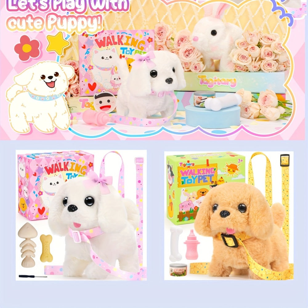 Walking Barking Dog Toy Electronic Interactive Puppy Plush with Tail Wagging Leash Bow Soft Stuffed Animal Birthday Christmas Easter Gift for Kids Girls Toddlers