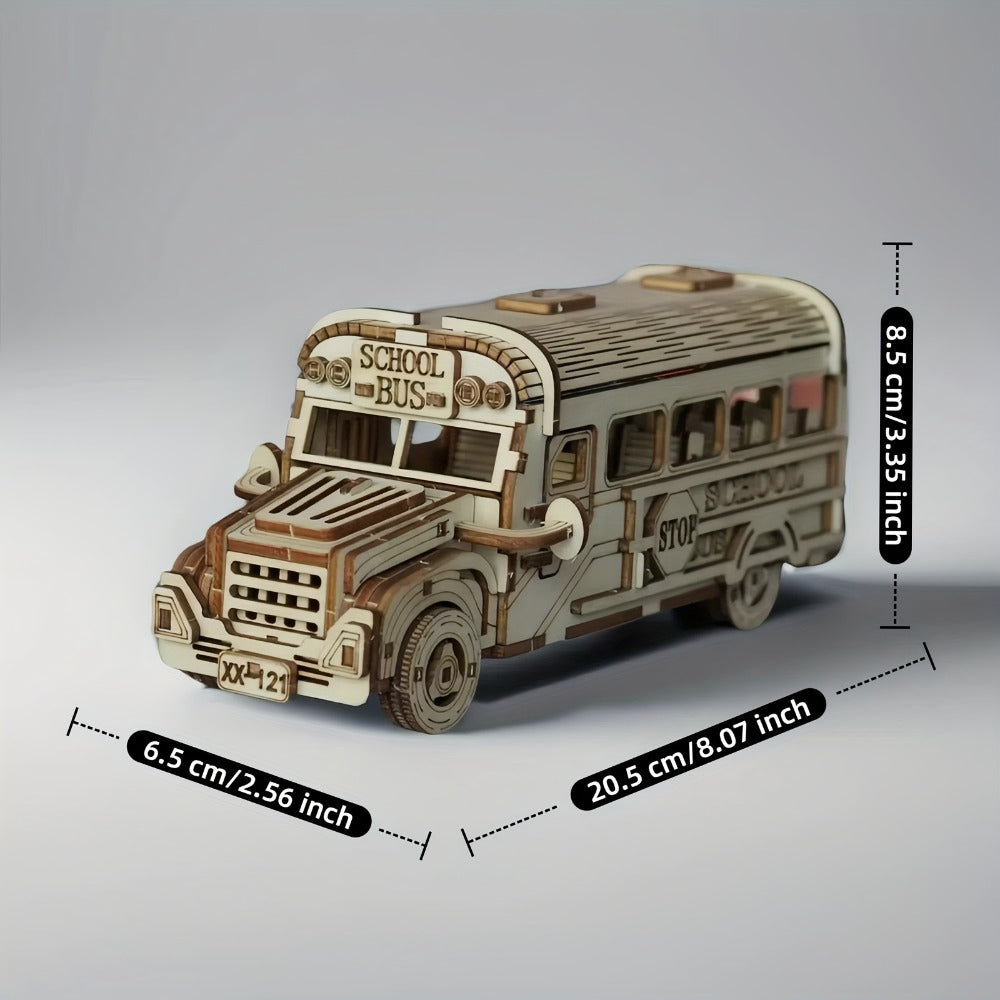 Wooden School Bus Model Kit DIY – American-Style 3D Puzzle with SCHOOL BUS Sign, Handmade Yellow Plywood STEM Craft Gift for Adults Teens Teachers Birthday Halloween Christmas