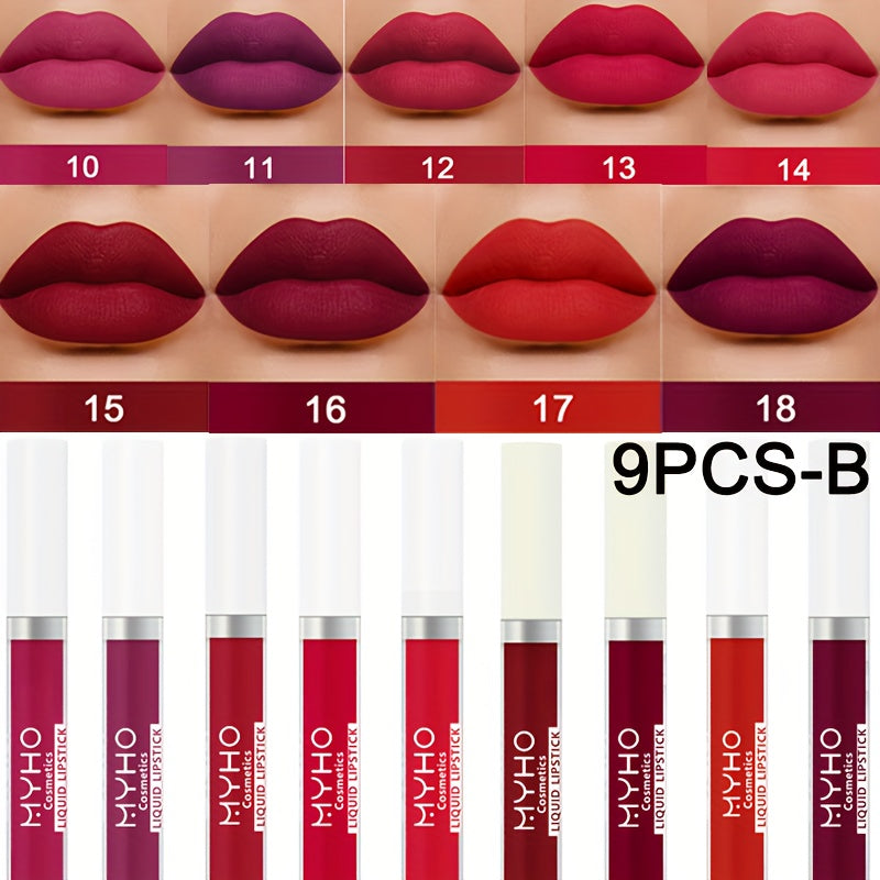 Velvet Matte Lip Gloss Set 9pcs — Waterproof High Pigment Non-Stick Lip Glaze, Long-Lasting Creamy Formula for All Skin Tones, 18 Shades, Perfect Makeup Gift for Women
