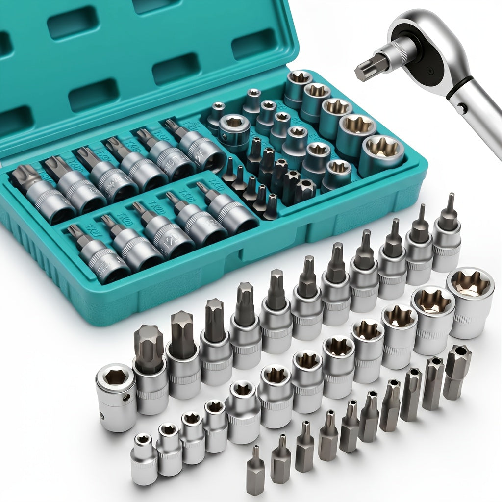 34/34+12pcs 3/8'' Drive Torx Star Bit Sockets CR-V E-Socket Set, E4-20, T10-60, Tamper Proof Set TT10-TT55, 5/16"F to 3/8"M Adapter with Storage Case,S2 Steel, Ideal for Car,Trucks,Home Improvement