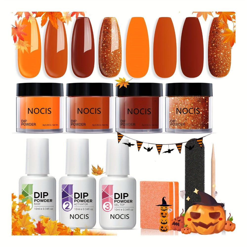 Halloween Orange Glitter Dip Powder Nail Kit with Nail Sticks Base Coat Top Coat & Activator — DIY Spooky Seasonal Nail Art Manicure Set No Lamp Needed